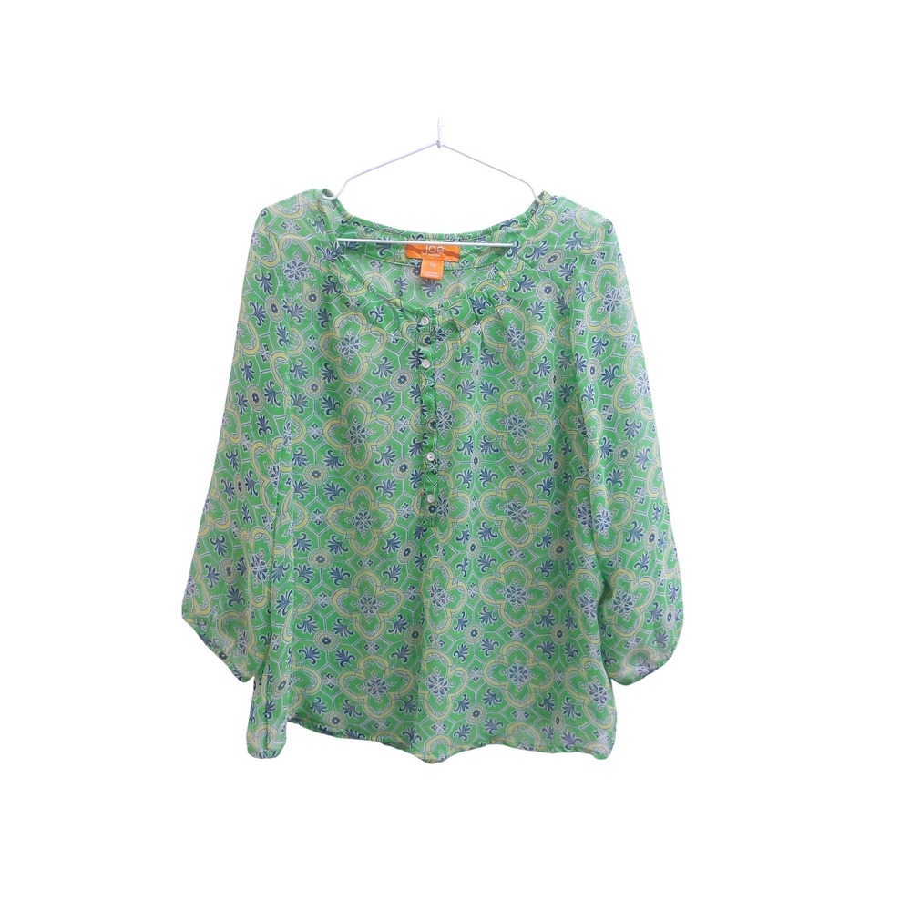 Joe Fresh Womens Green Blue Print Chiffon 3/4 Sleeve Blouse Top L / #26416